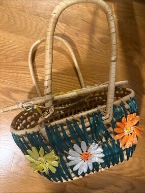 Woven Straw Handbag with Teal Weave & Floral Accents